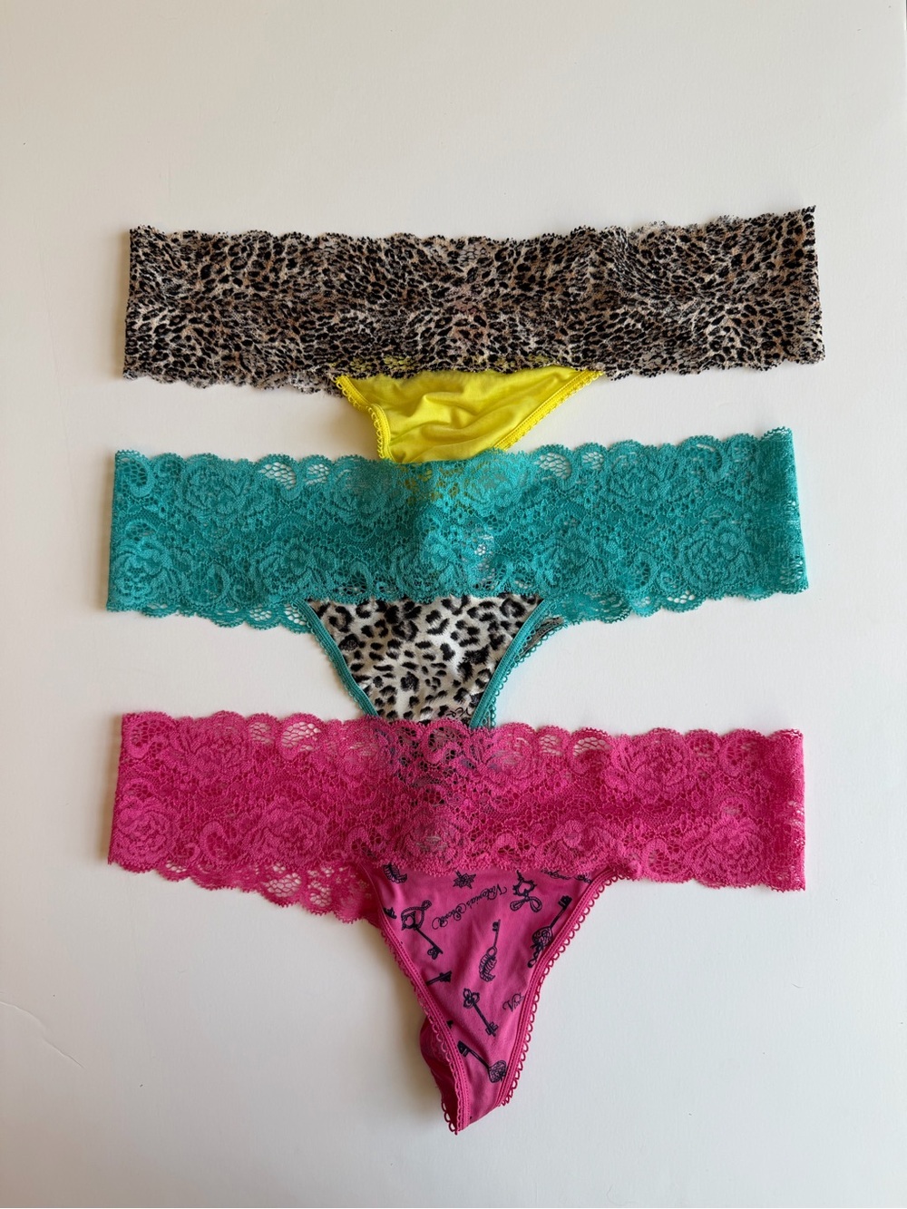 Victoria's Secret Lace-Trim Thong Pack - Hot Pink, Teal, Yellow & Leopard